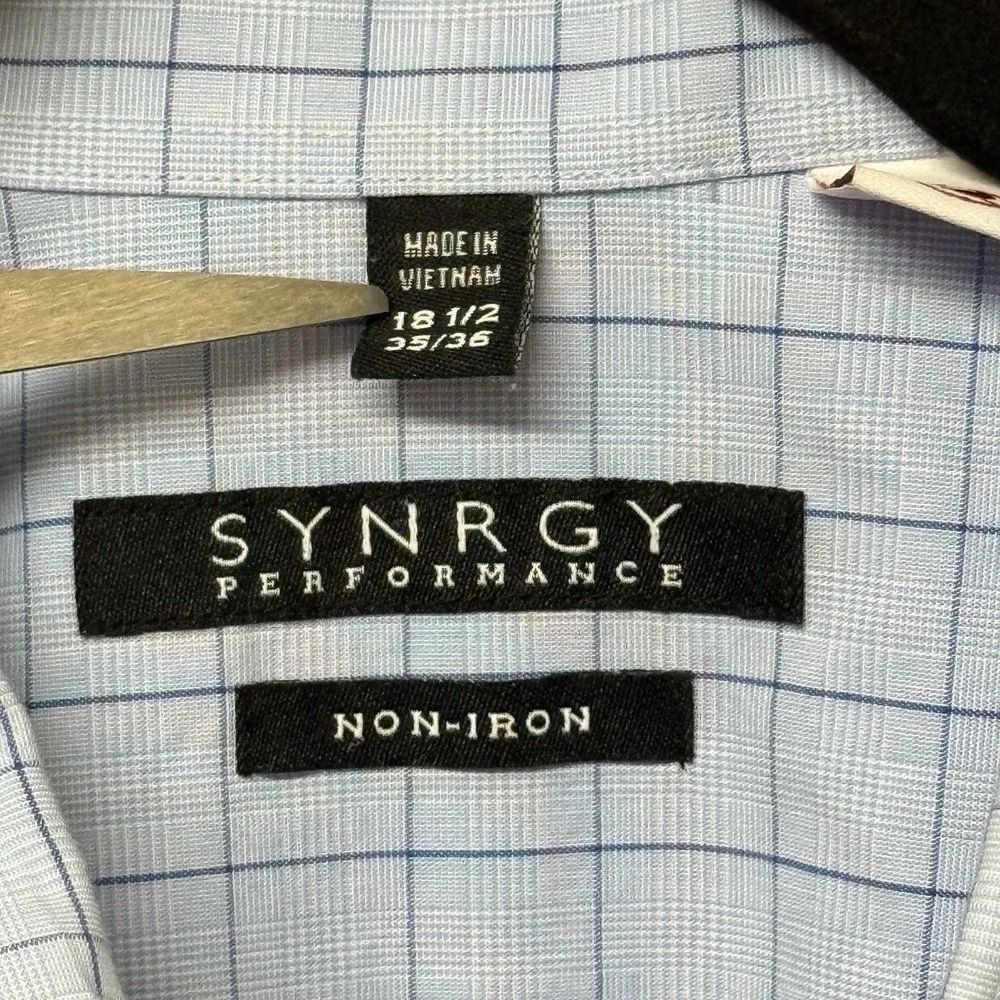 Synergy Performance Mens Dress Shirt 18 1/2 35/36 Long Sleeve Check Non Iron - Picture 2 of 6